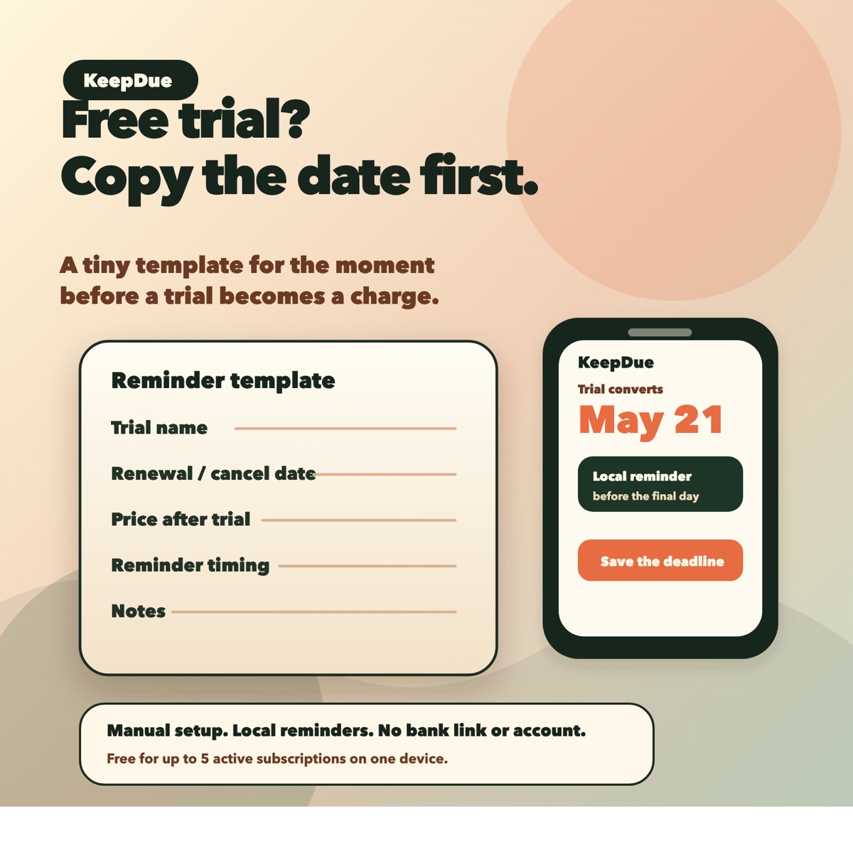 KeepDue visual: free trial, copy the date first, with reminder template fields.